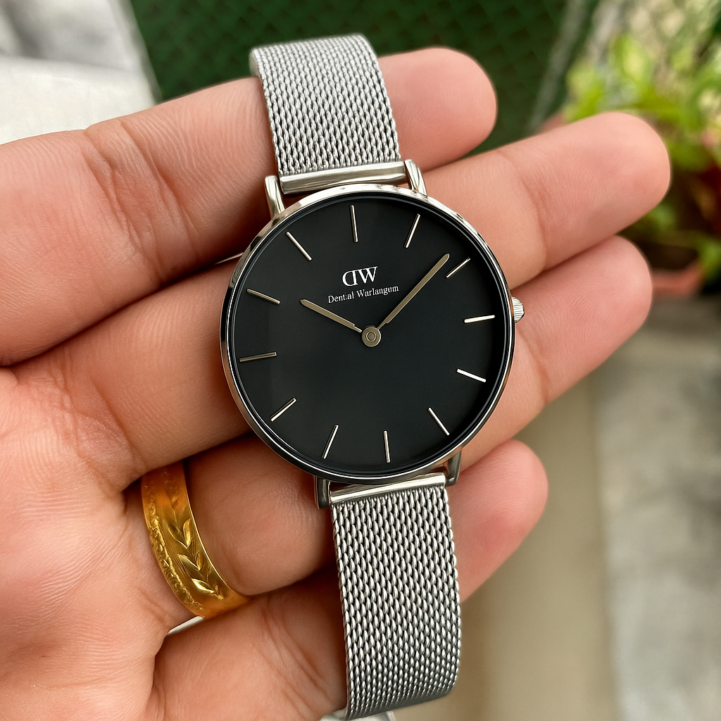 Daniel Wellington Petite Sterling DW00100218 – Silver Mesh & Black Dial Women’s Watch