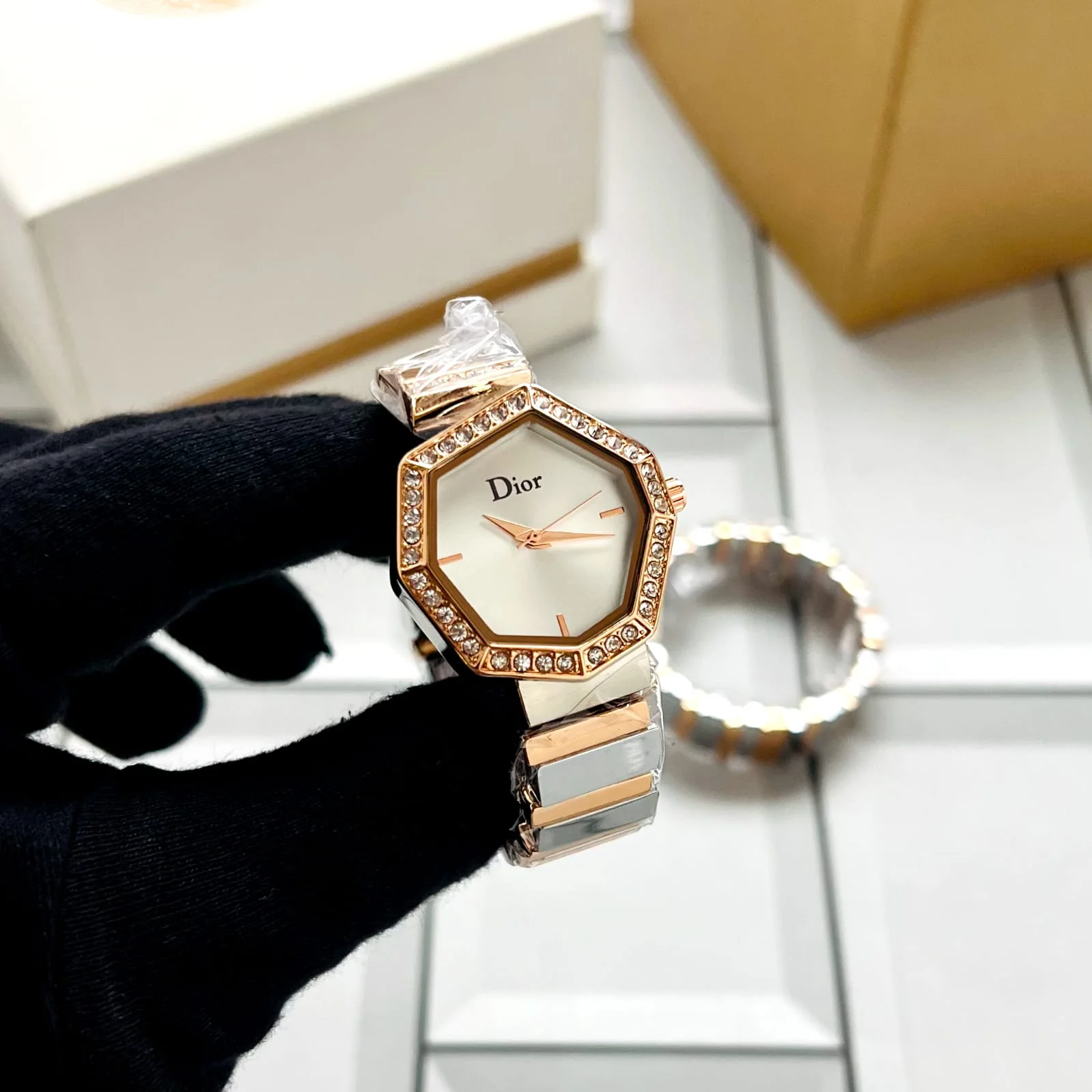 Dior-Inspired Octagonal Diamond Bezel Watch For Women – Two-Tone
