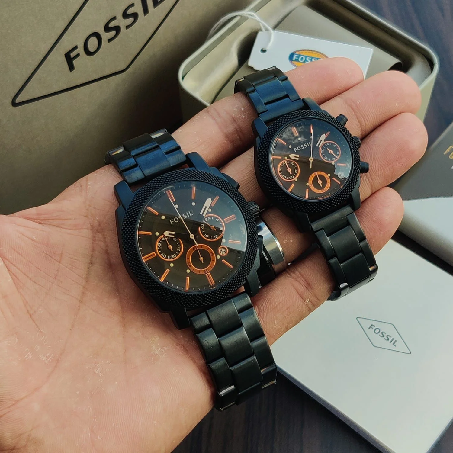FS4682- Fossil Black Chronograph Analog Couple Watch Set