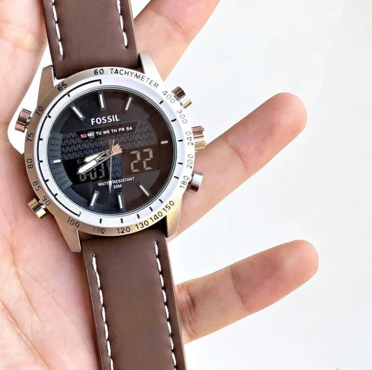 Fossil Analog-Digital Brown Leather Watch – Silver Bezel Edition