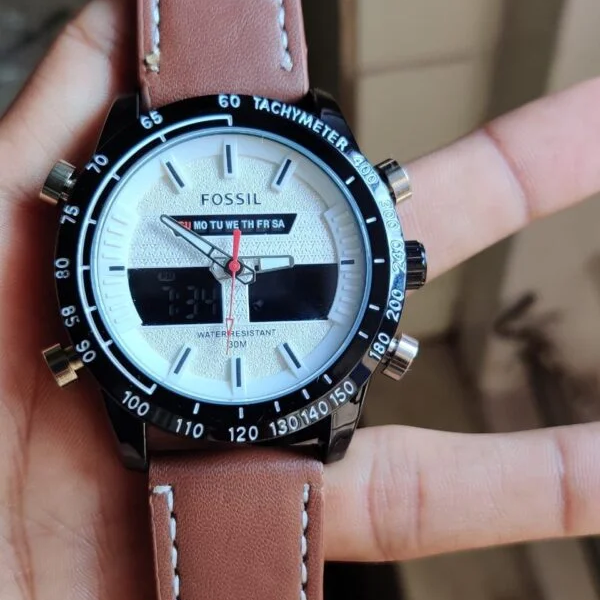 Fossil Analog-Digital White Dial Men's Watch – Brown Leather Strap
