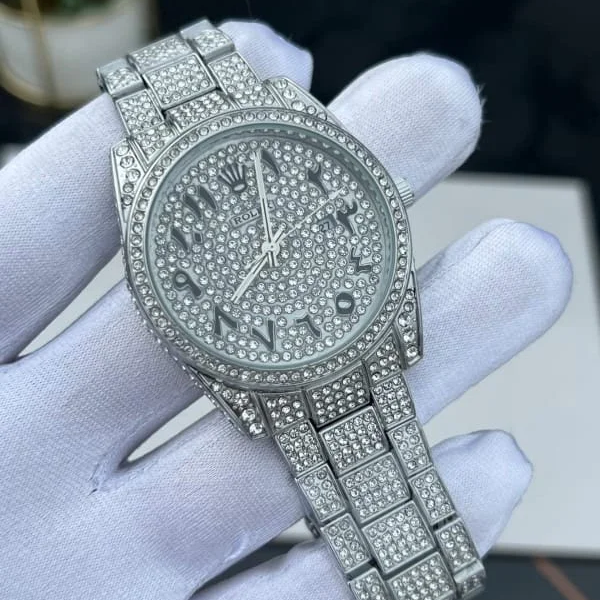 Rolex Arabic Silver Diamond Watch