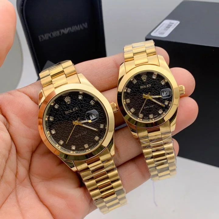 Rolex Black Dial Golden Chain Couple Watch Set