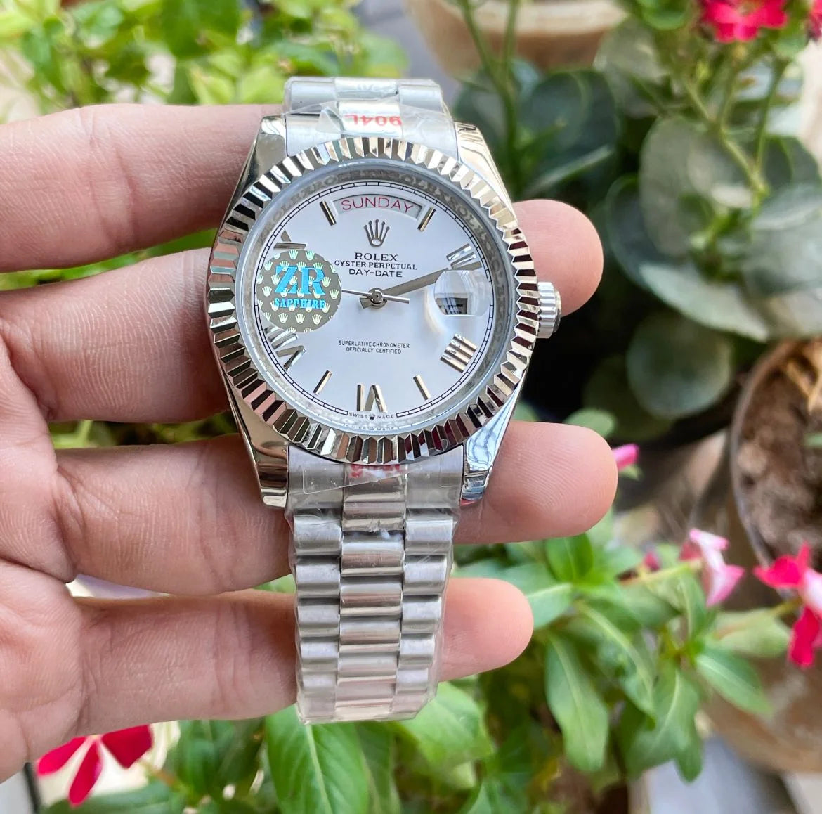 Rolex Day-Date Roman Dial – Silver Fluted Bezel