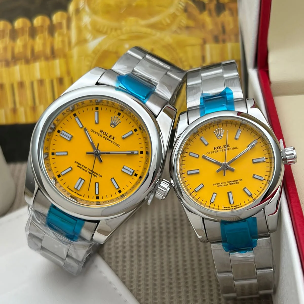 Rolex Oyster Perpetual Silver Yellow Dial Couple Watch